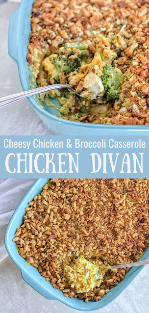 chicken and broccoli casserole in a blue dish