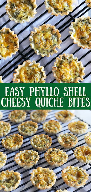Phyllo Shell Quiche Bites on a cooling rack