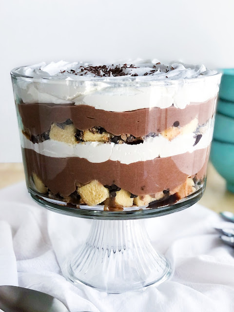 trifle layered with poundcake, chocolate chips, toffee chips, chocolate pudding and whipped cream