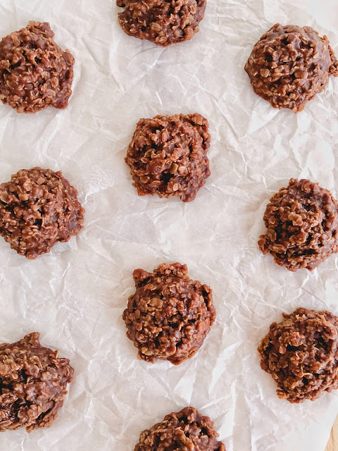 No Bake Chocolate Peanut Butter Cookies on parchment paper
