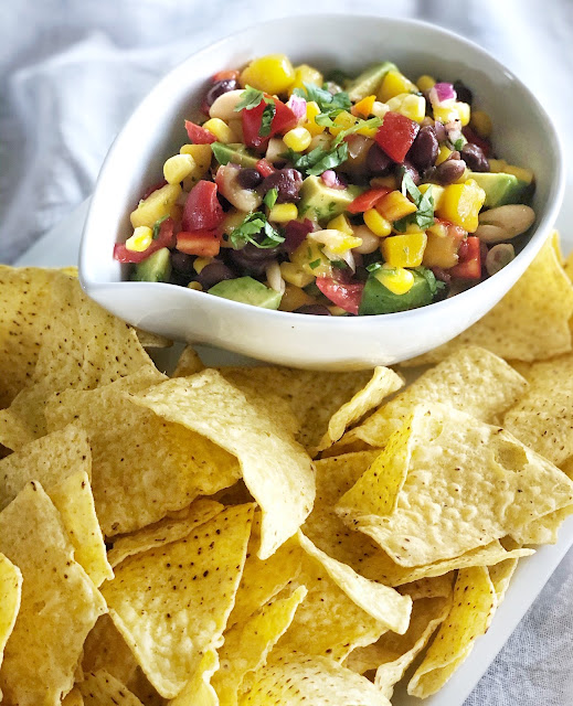 black bean salad and chips