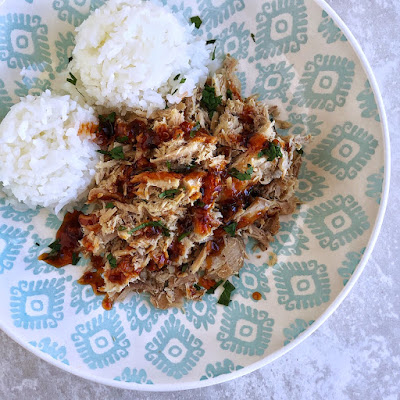 hawaiian kalua pork with huli huli sauce and rice