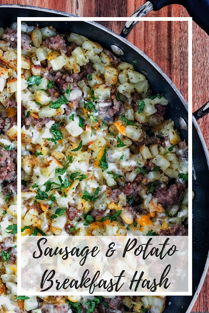 sausage potato cheese and parsley in a frying pan