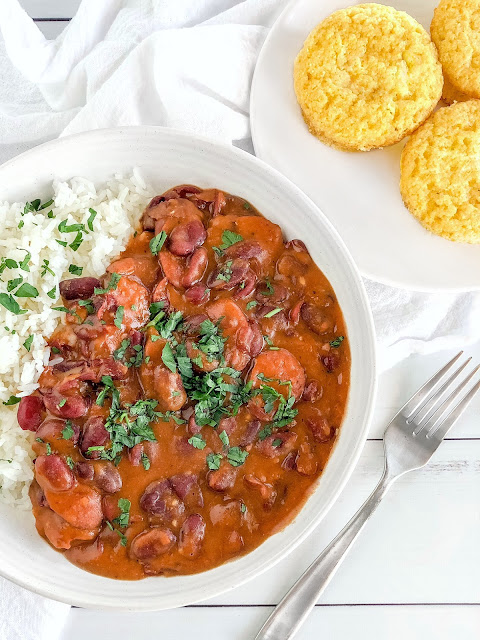 red beans with sausage and rice with cornbread on the side