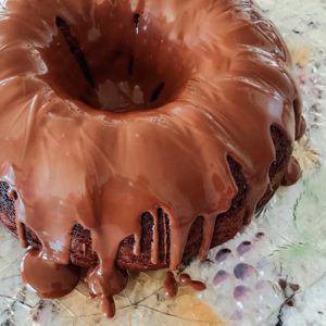 chocolate bundt cake covered with ganache