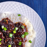 short ribs in glaze over rice with scallions and sesame seeds