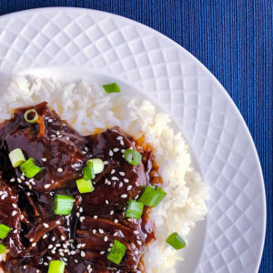 short ribs in glaze over rice with scallions and sesame seeds