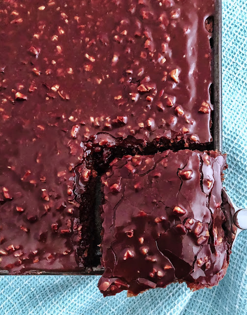 chocolate cake on a blue mat