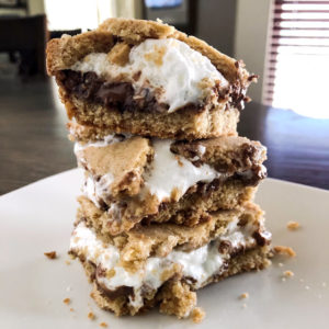 smores cookie bars stuffed with marshmallow and chocolate