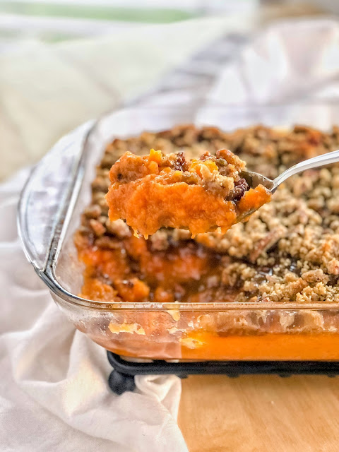 sweet potato casserole with crunchy pecan topping