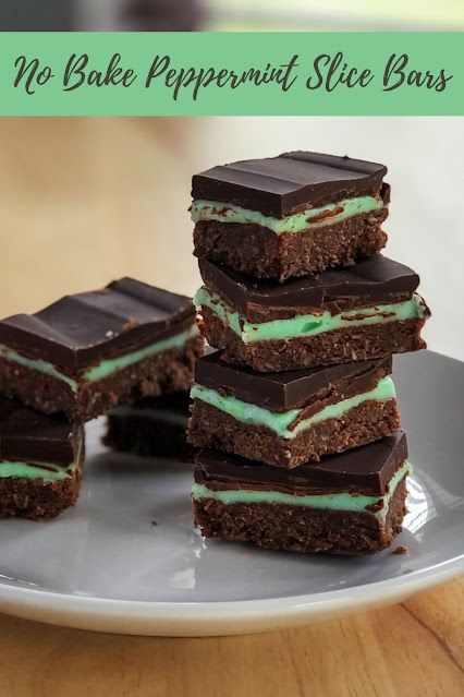 no bake brown and green peppermint slice cookie bars on a white plate