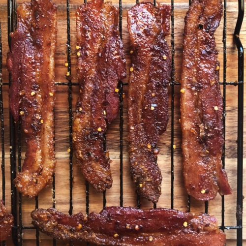 candied bacon on a cooling rack
