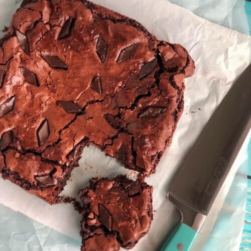 tray of brownies with one cut out