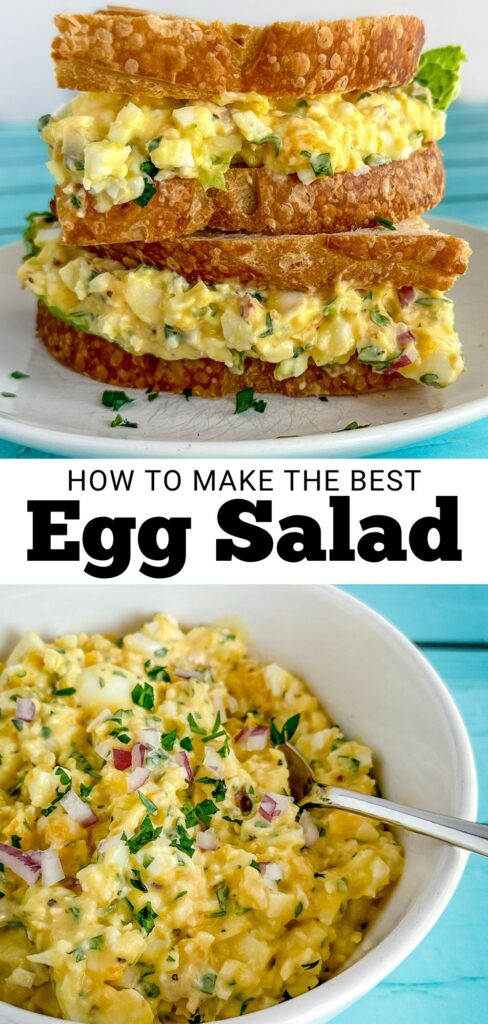 egg salad on a sandwich and in a bowl pinterest pin