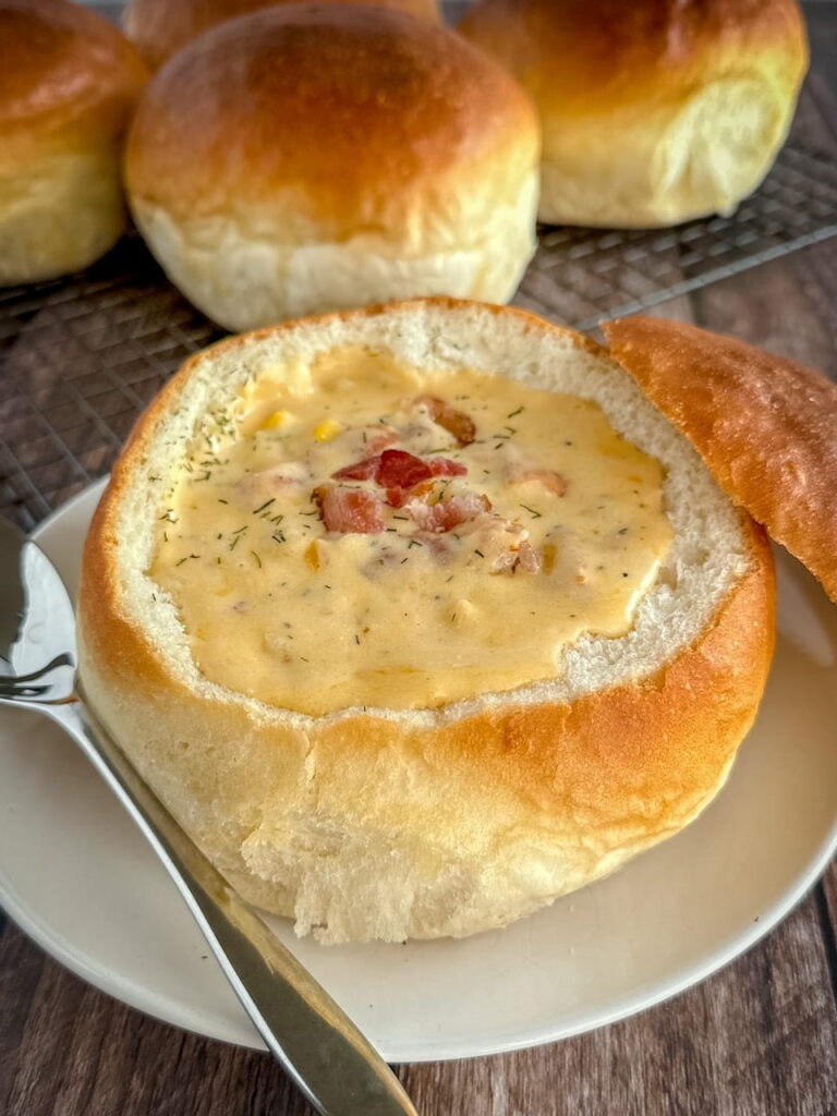 bread bowl with soup inside