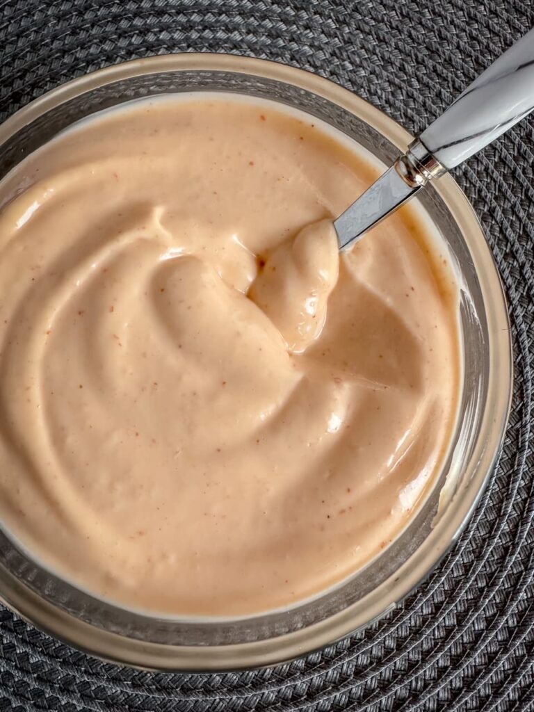 spicy mayo in a dish with a spoon