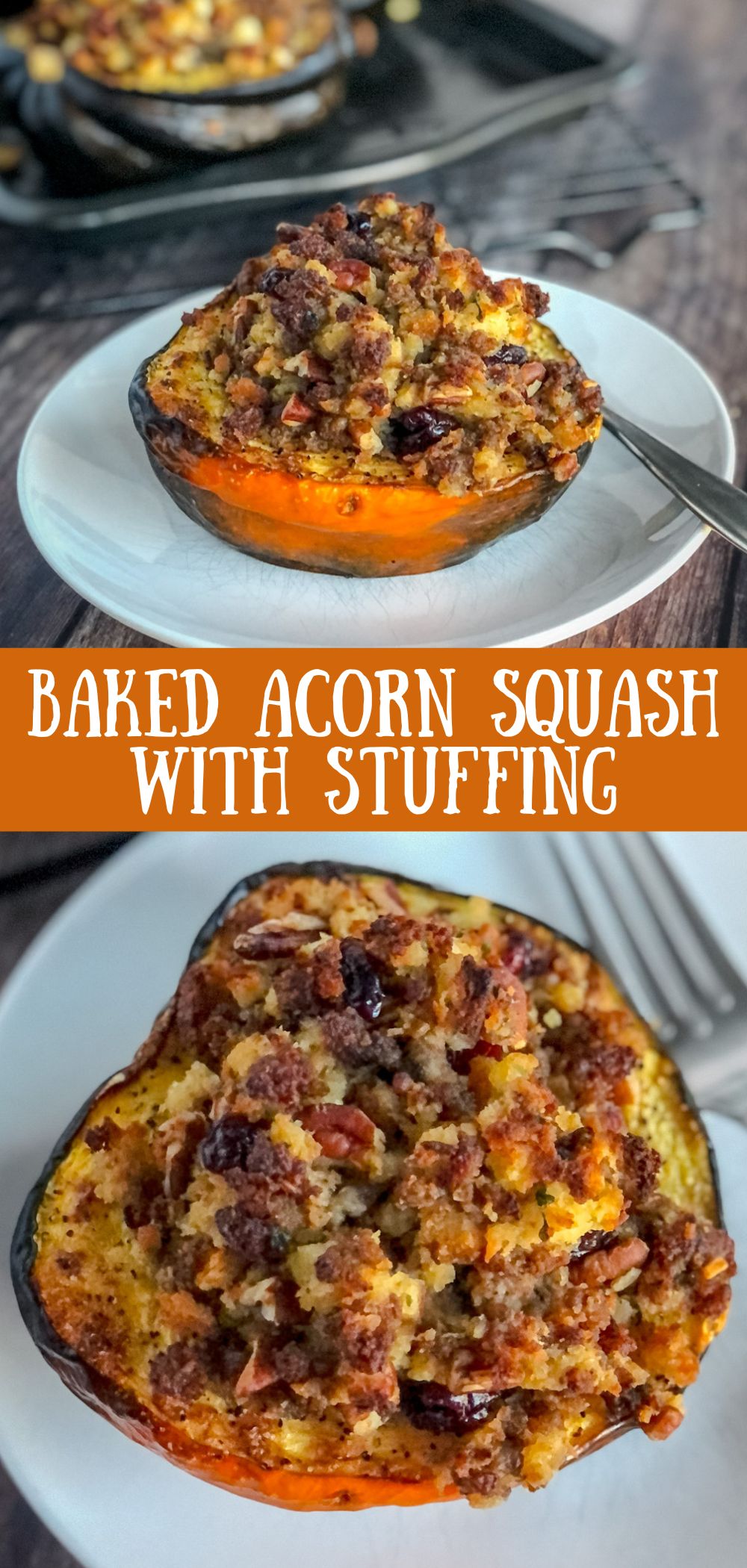 stuffed baked acorn squash on a white plate with a fork