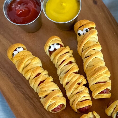 mummy hot dogs with candy eyes