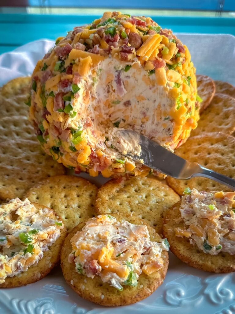 jalapeno popper cheeseball with crackers