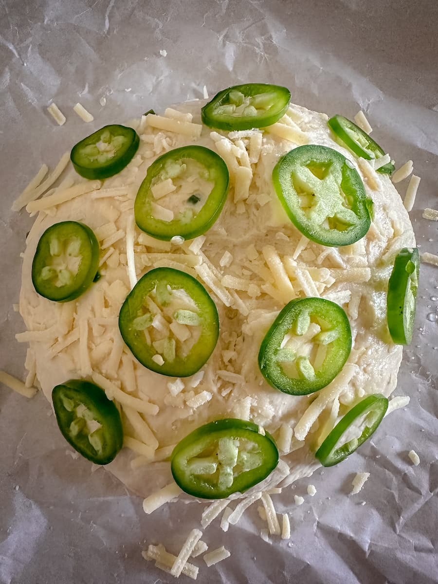 jalapeno white cheddar no-knead dough ready for oven