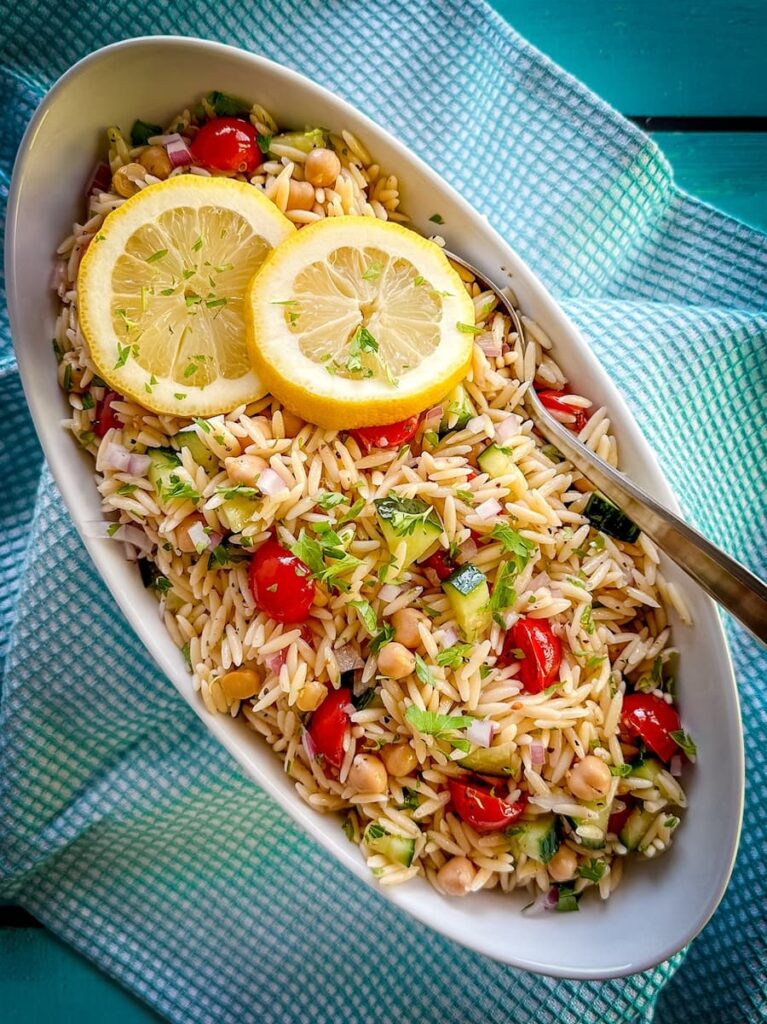 greek lemon orzo salad with lemon slices