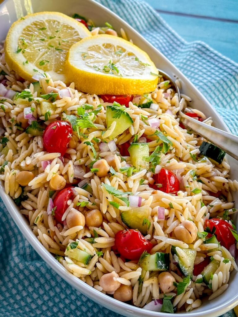 lemon orzo salad with lemon slices