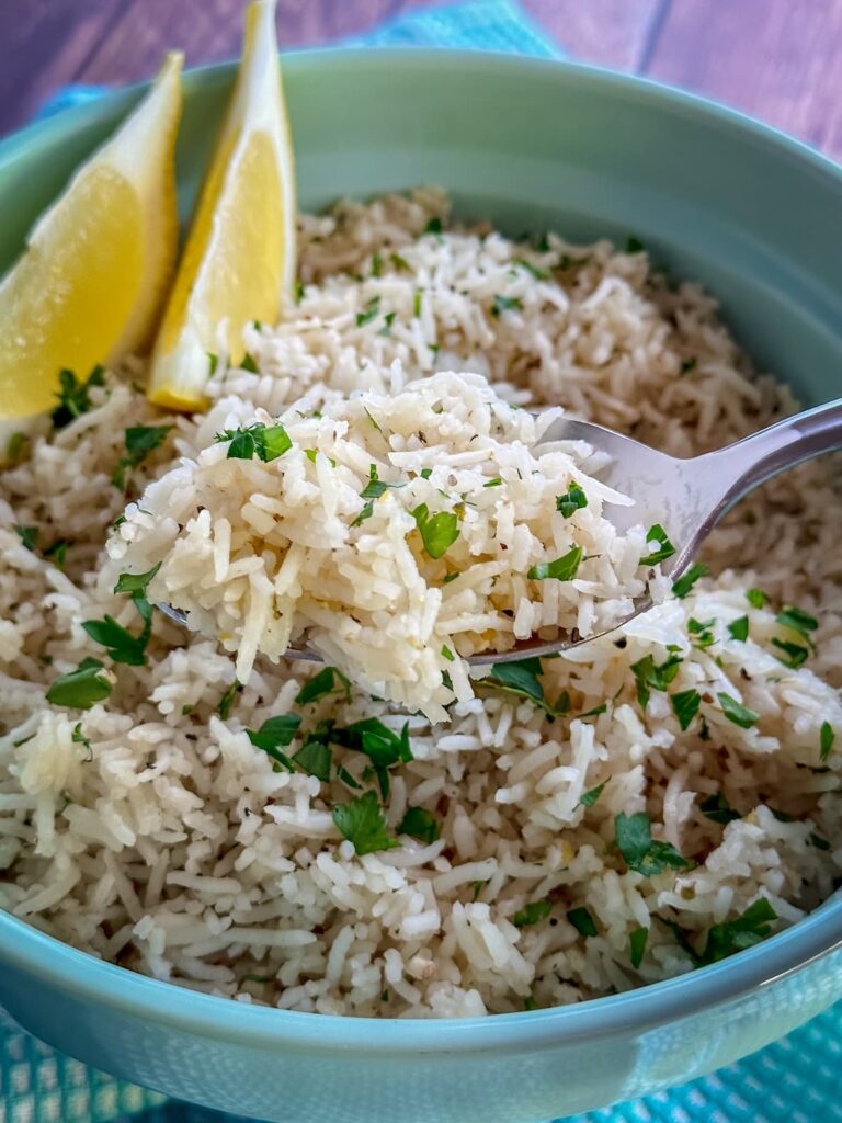 greek rice on a spoon