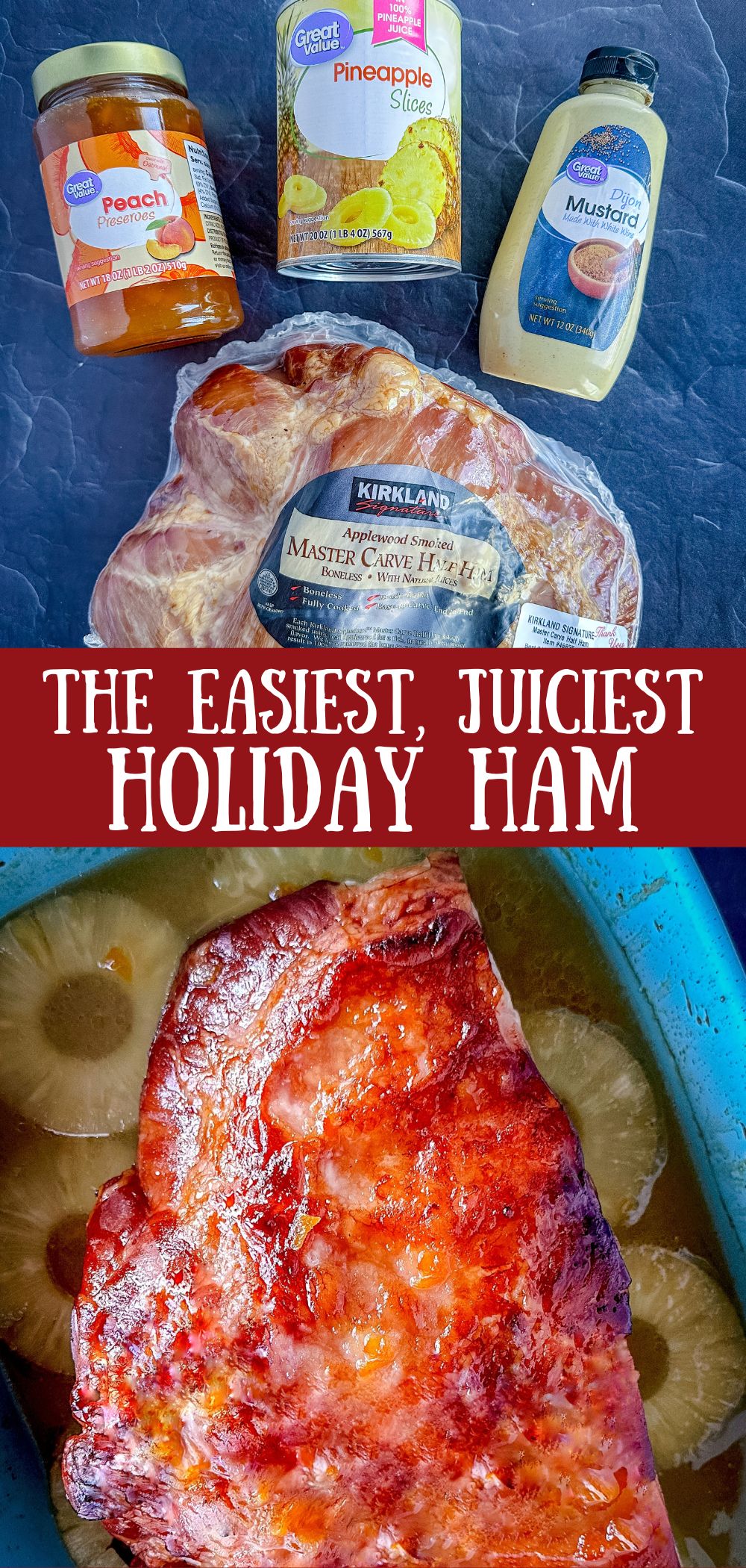 a baked glazed holiday ham on pineapple