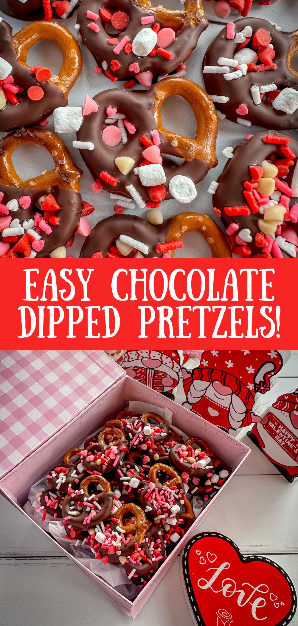 pretzels dipped in chocolate and decorated with sprinkles