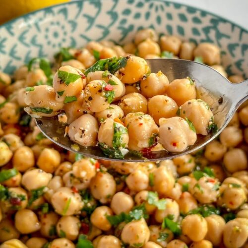 lemon herb chick pea salad on a spoon