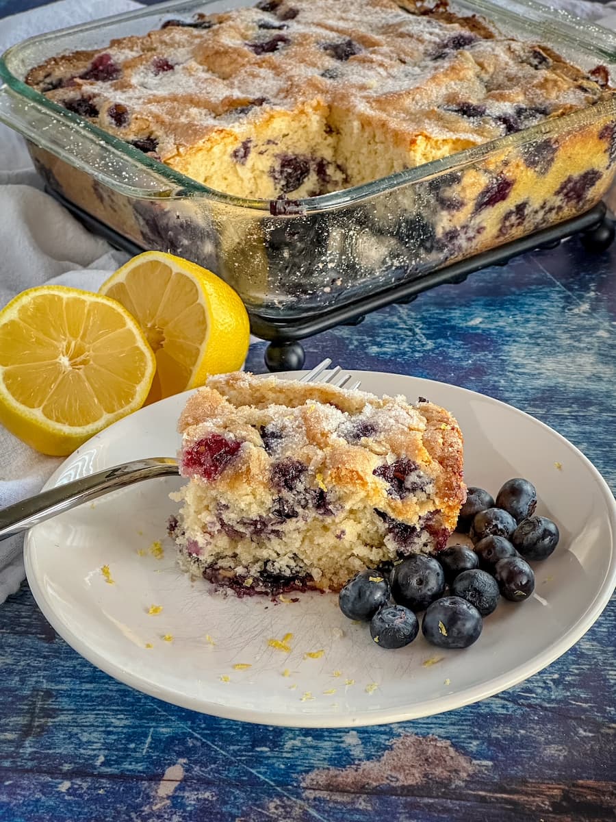 blueberry lemon breakfast cake on a plate 