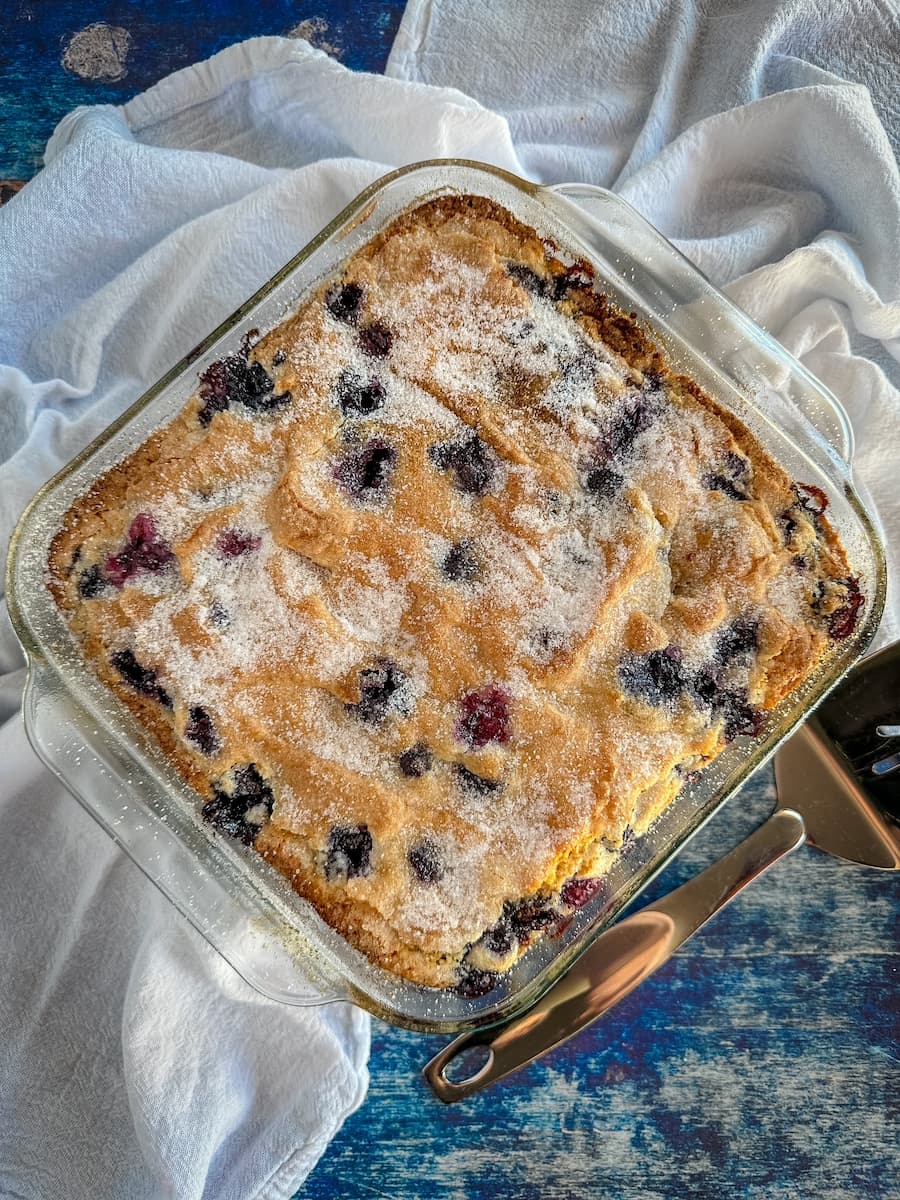 blueberry lemon breakfast cake in a pan