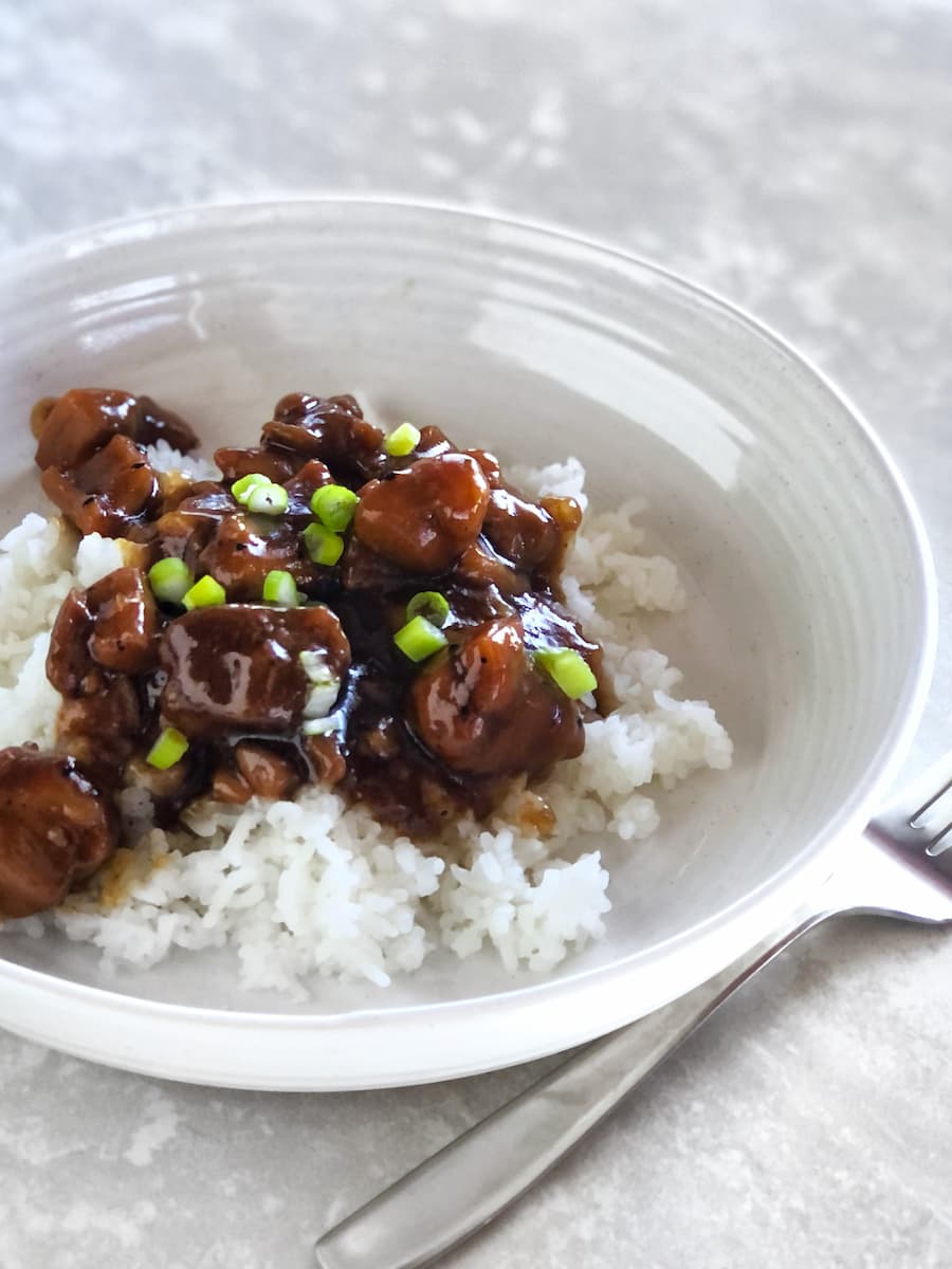 teriyaki chicken and rice with scallions