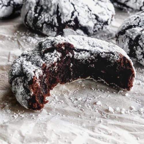Close‑up of chocolate brownie crinkle cookies with powdered sugar and crackly tops.