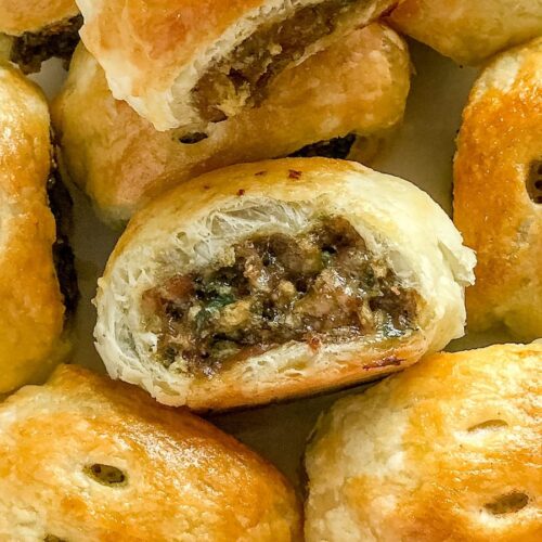 Golden baked English sausage rolls fresh from the oven