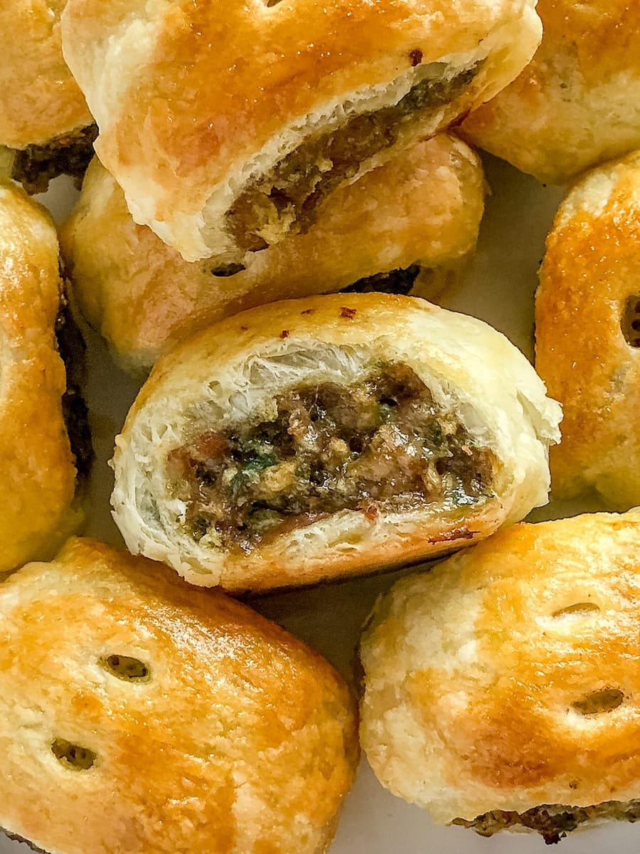 Golden baked English sausage rolls fresh from the oven